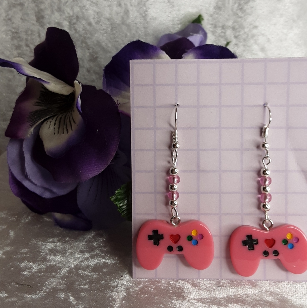 Handcrafted Gamer Controller Earrings Dark Pink
